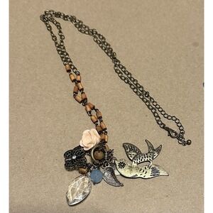 Vintage Boho Charms Necklace Bird & Rose Wood Beads Pendant Chain Necklace